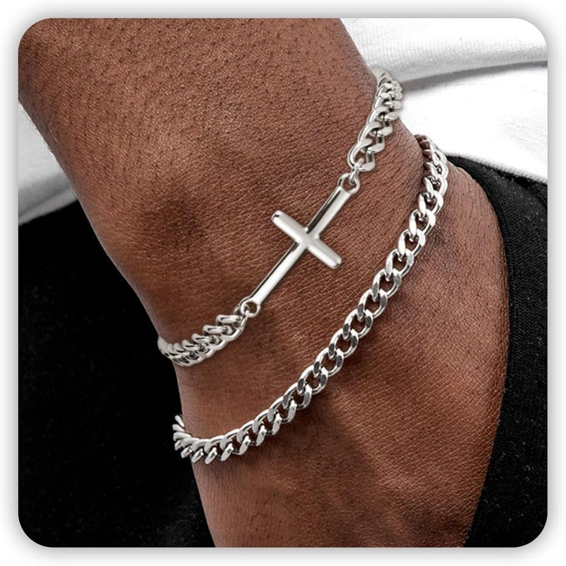 DAYANEY Silver and Gold Bracelet for Men, Cuban Chain Bracelet Set Water Proof Stainless Steel Bracelet for Him, Adjustable Gold Link Men Braclet as Valentines Jewelry Gifts for Boyfriend, Dad and Son - Image 1